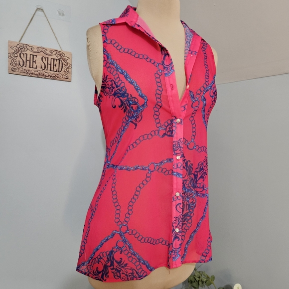 Sweet Pea Pink Sleeveless Button Down Blouse Gathered Button Back Tunic Small - Picture 2 of 13